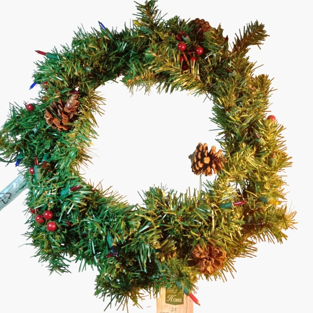 Pre Lit Pine Wreath Multi Color Lights Pinecones New 24 Inch